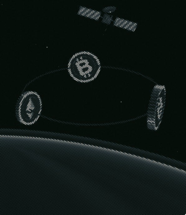 Halftone hero visual: a satellite, Bitcoin and Ether coins orbiting above a slate dotted planet horizon on a dark Forest background